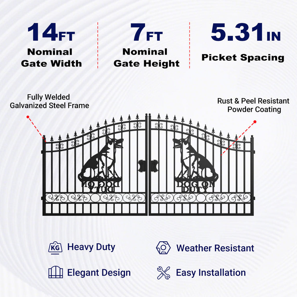 14x7 ft Steel Dual Swing Driveway Gate with Dog Pattern