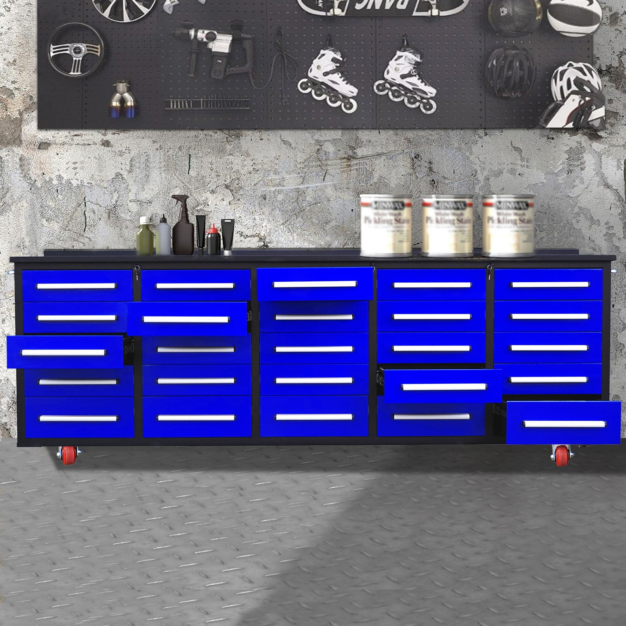 10ft 25-Drawer Storage Workbench with Wheels